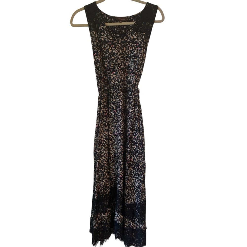 Anthropologie Ranna Gill Black Floral Lace Trim Dress Size Medium